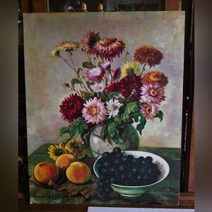 Hank Bos Still Life Litho Print Vase Chrysanthemums Peaches & Grapes 16x20"